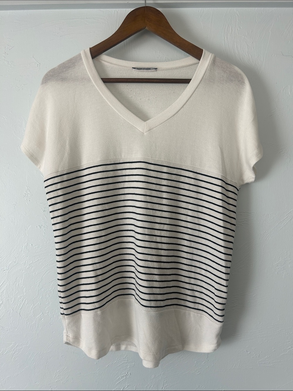 Pink Clover Cream V-Neck Short Sleeve Top with Black Stripes